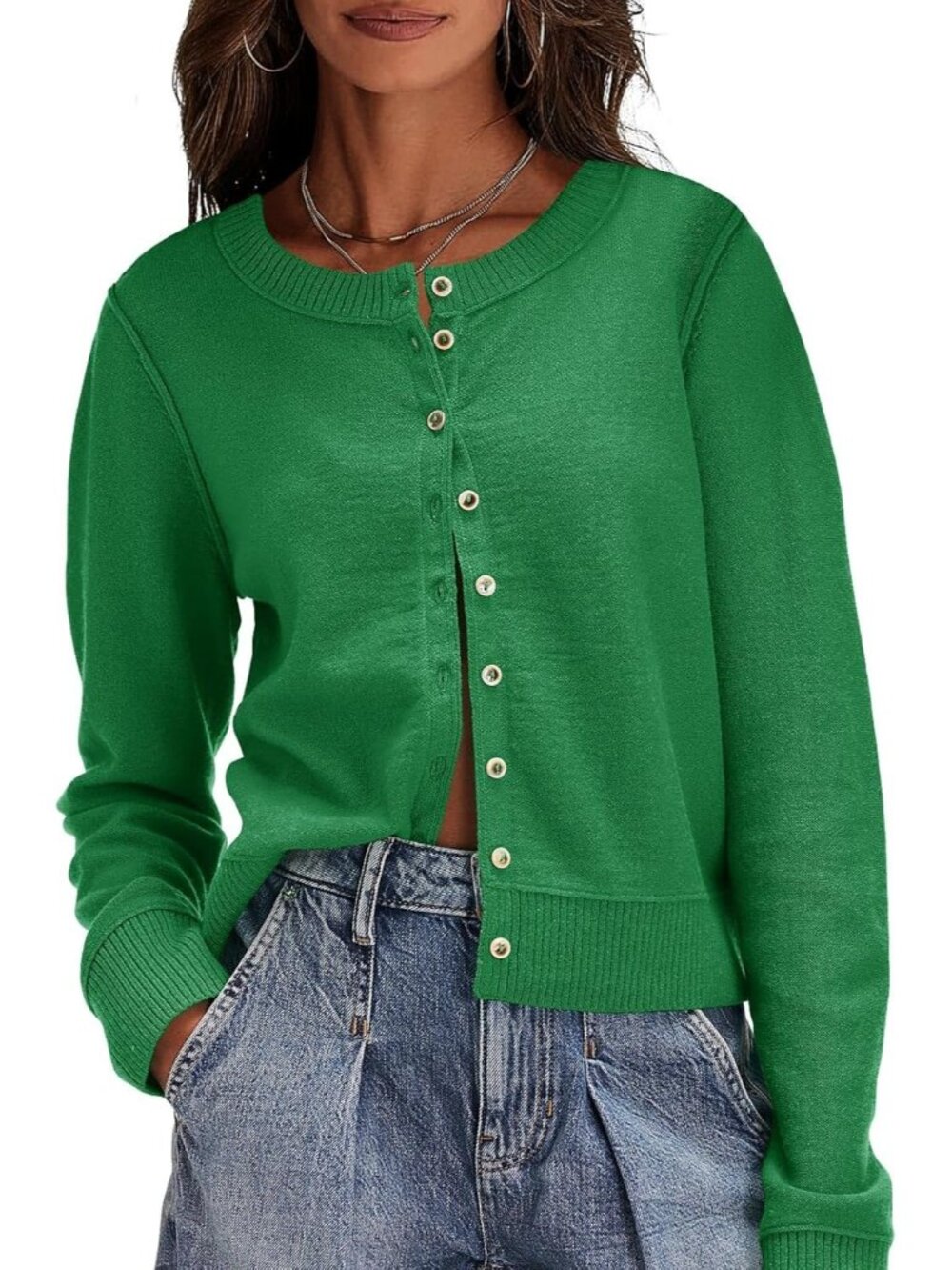 Women's Green Long Sleeve Crew Neck Imported Button Down Cardigan Sweaters